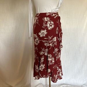 ZARA Red White Ruffled Floral Print Wrap Skirt Size Large Vacation Linen Blend